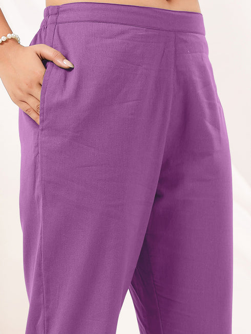Janasya Women's Purple Cotton Solid Straight Kurta Pant Set