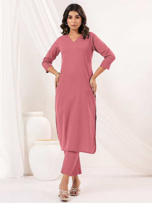 Janasya Women's Pink Cotton Solid Straight Kurta Pant Set