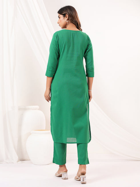 Janasya Women's Green Cotton Solid Straight Kurta Pant Set