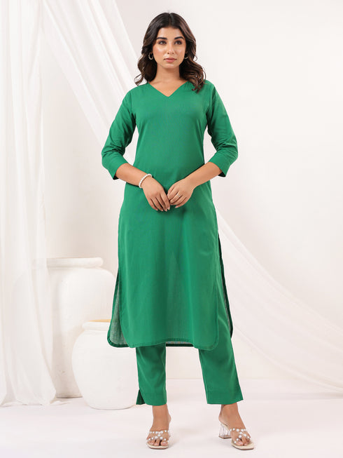 Janasya Women's Green Cotton Solid Straight Kurta Pant Set