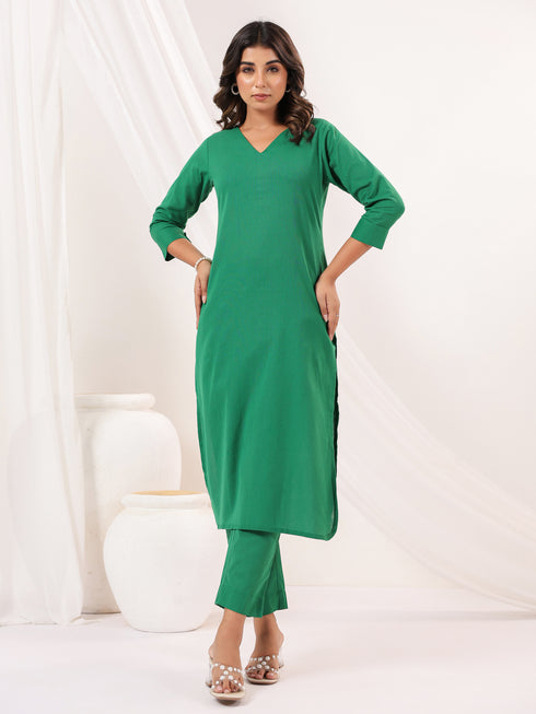 Janasya Women's Green Cotton Solid Straight Kurta Pant Set