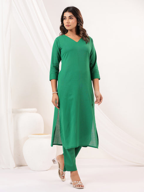 Janasya Women's Green Cotton Solid Straight Kurta Pant Set