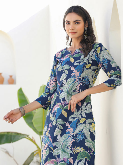 Navy Blue Pure Cotton Floral Printed Straight Kurta Pant Set