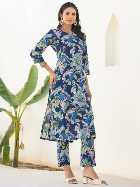 Navy Blue Pure Cotton Floral Printed Straight Kurta Pant Set