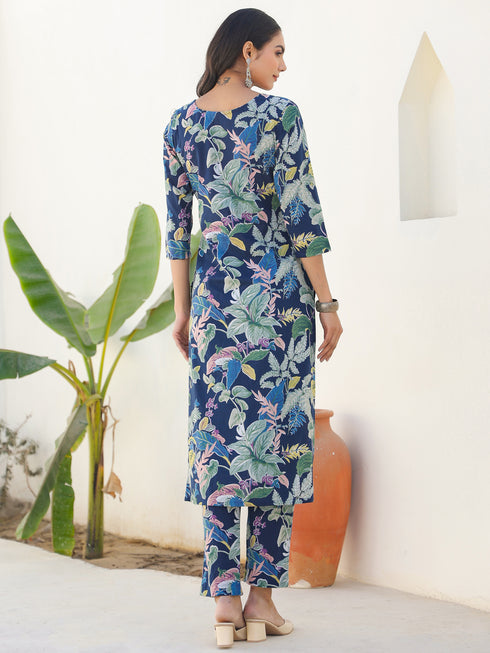 Navy Blue Pure Cotton Floral Printed Straight Kurta Pant Set
