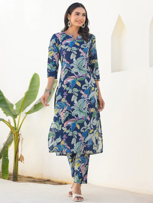 Navy Blue Pure Cotton Floral Printed Straight Kurta Pant Set