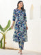 Navy Blue Pure Cotton Floral Printed Straight Kurta Pant Set