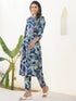 Navy Blue Pure Cotton Floral Printed Straight Kurta Pant Set