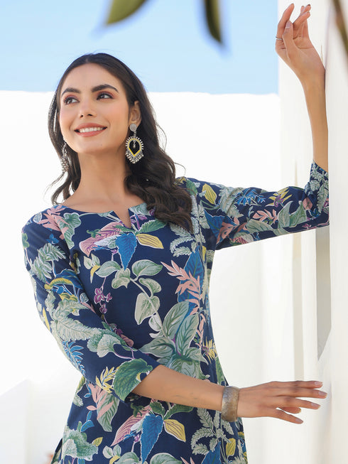 Navy Blue Pure Cotton Floral Printed Straight Kurta Pant Set