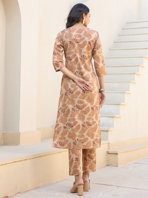 Beige Pure Cotton Floral Printed Straight Kurta Pant Set