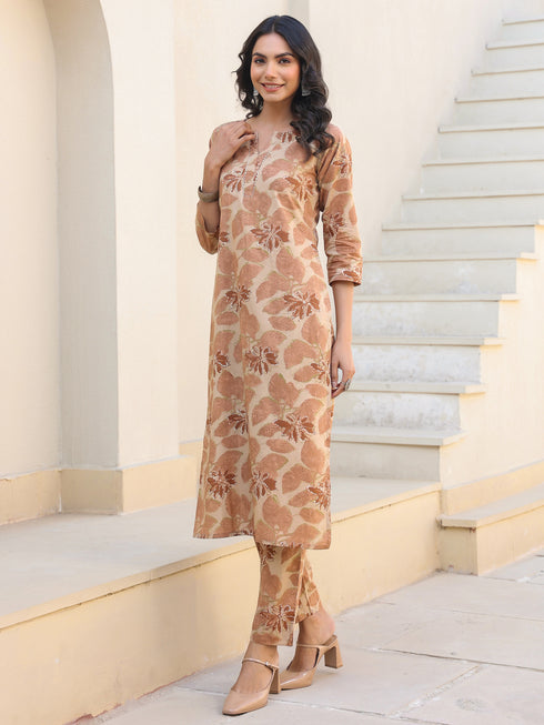 Beige Pure Cotton Floral Printed Straight Kurta Pant Set