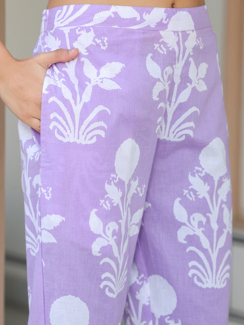 Lavender Pure Cotton Floral Printed Straight Kurta Pant Set