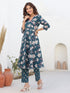 Janasya Women's Teal Blue Pure Cotton Floral Printted A-line Kurta Pant Set