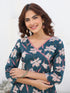 Janasya Women's Teal Blue Pure Cotton Floral Printted A-line Kurta Pant Set