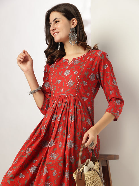 Red Cotton Floral Printed A-line Kurta Pant Set