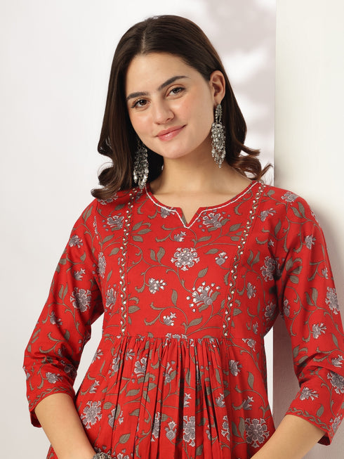 Red Cotton Floral Printed A-line Kurta Pant Set