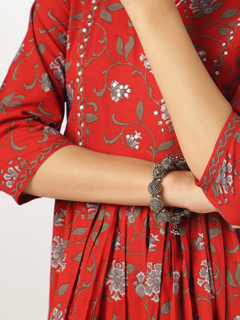 Red Cotton Floral Printed A-line Kurta Pant Set