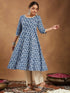 Janasya Women's Indigo Blue & Beige Pure Cotton Paisley Printed Anarkali Kurta With Palazzo Set