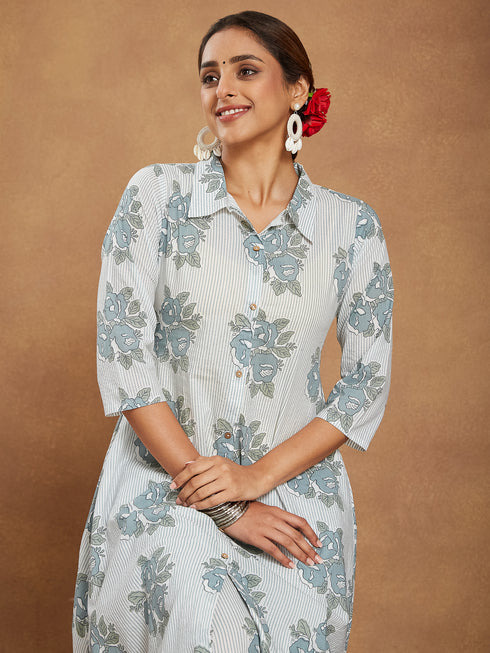 Janasya Women's White Pure Cotton Floral Printed A-line Shirt Style Kurta With Pant Set