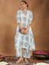 Janasya Women's White Pure Cotton Floral Printed A-line Shirt Style Kurta With Pant Set