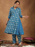 Janasya Women's Blue Pure Cotton Floral Printed A-line Kurta Set