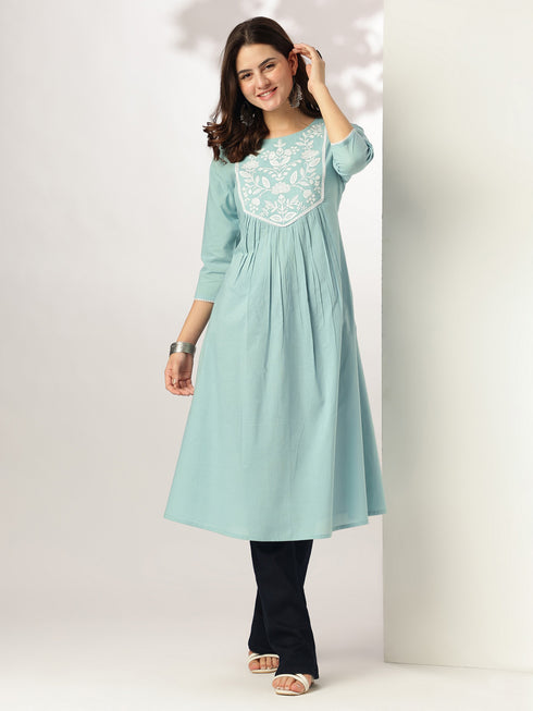 Light Blue Pure Cotton Yoke Embroidered A-line Kurta