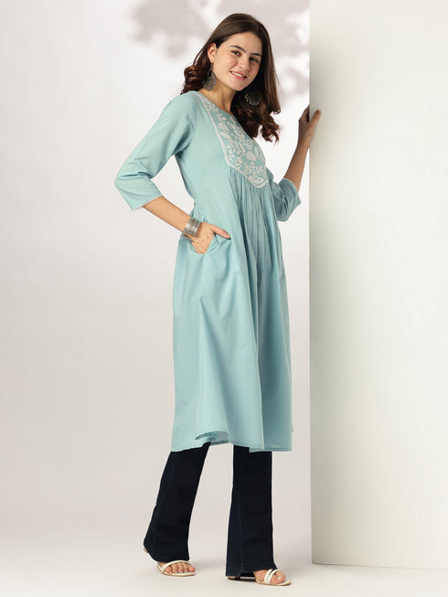Light Blue Pure Cotton Yoke Embroidered A-line Kurta