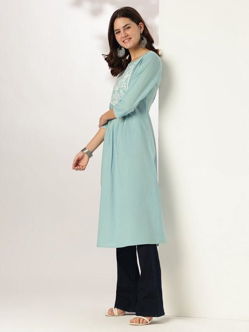 Light Blue Pure Cotton Yoke Embroidered A-line Kurta