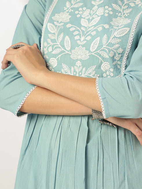 Light Blue Pure Cotton Yoke Embroidered A-line Kurta