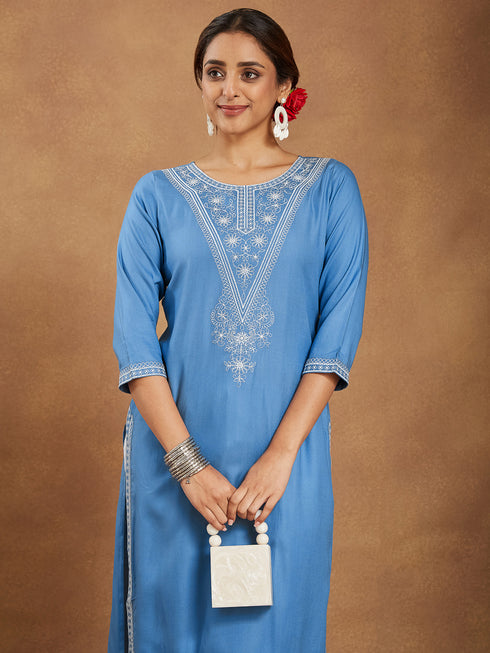 Janasya Women's Sky Blue Rayon Embroidered Straight Kurta