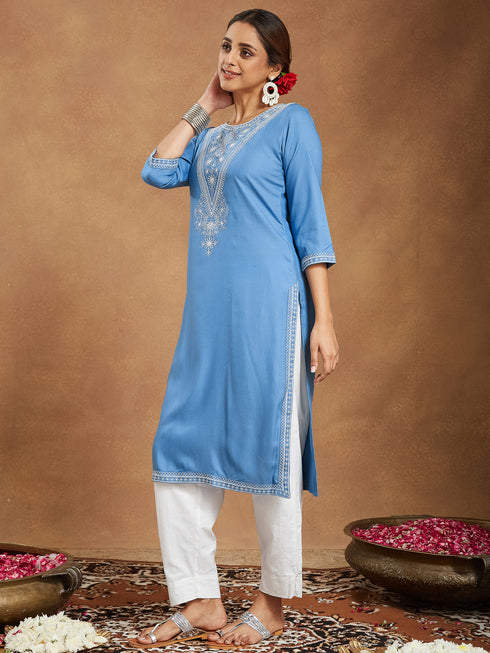 Janasya Women's Sky Blue Rayon Embroidered Straight Kurta