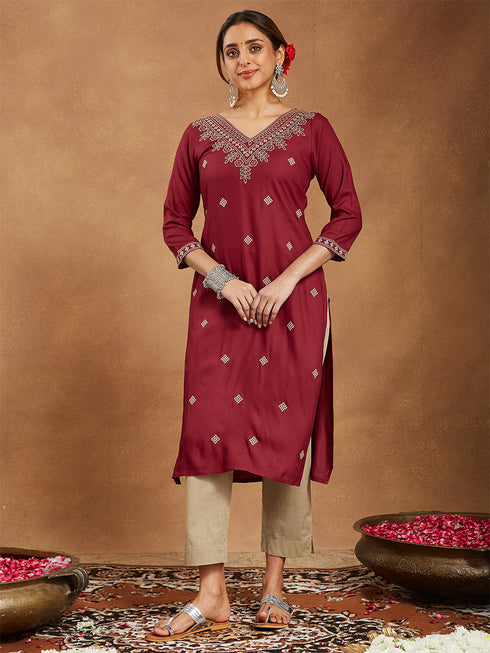 Janasya Women's Maroon Rayon Embroidered Straight Kurta