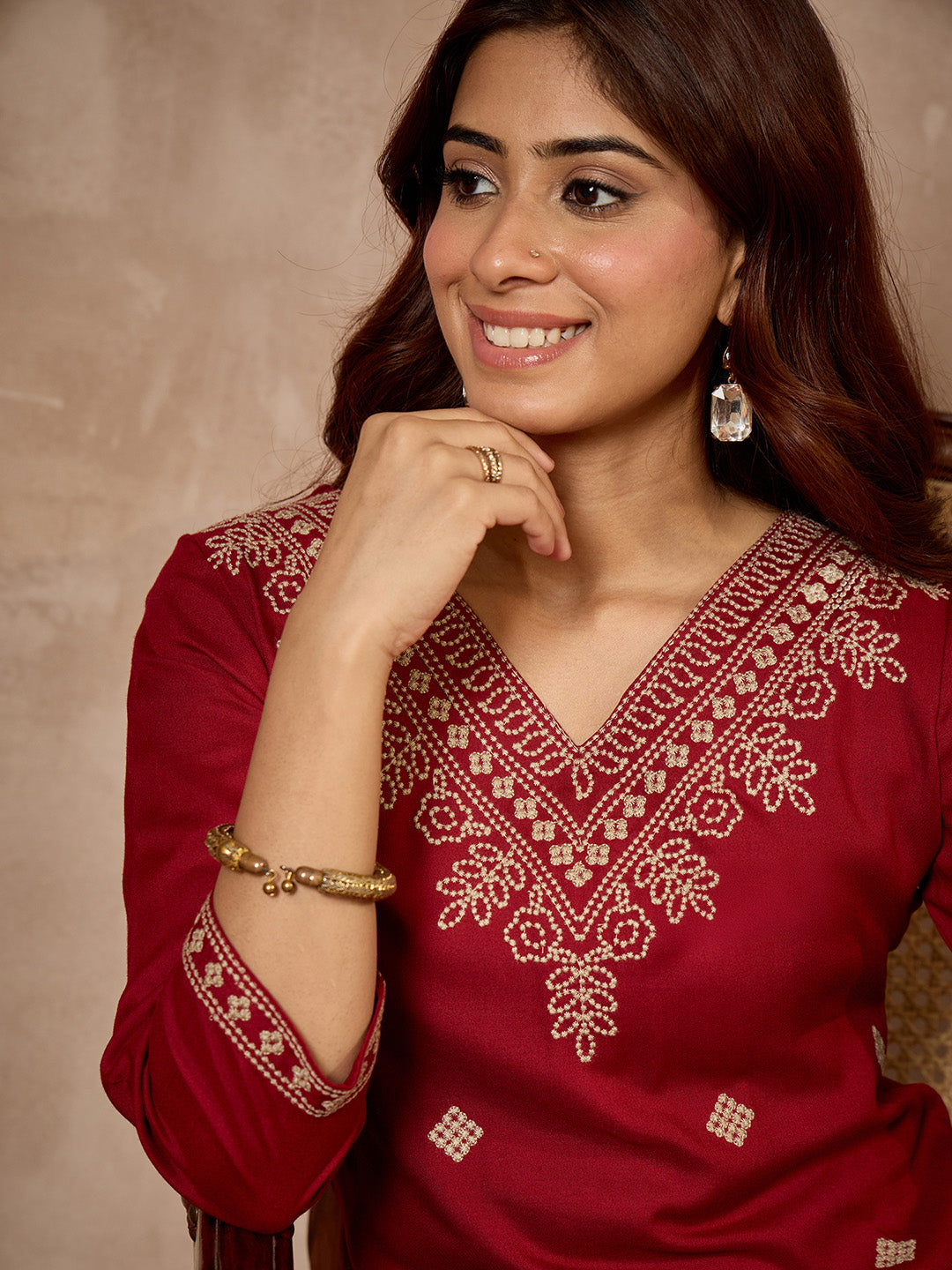 Janasya Women's Maroon Rayon Embroidered Straight Kurta