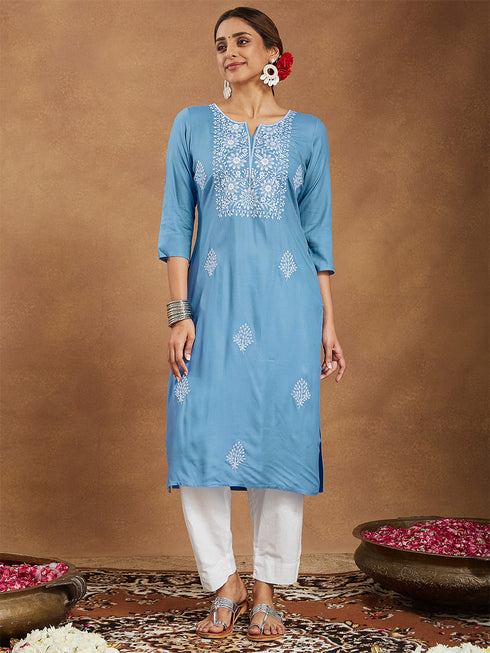 Janasya Women's Sky Blue Rayon Embroidered Straight Kurta