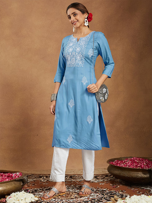 Janasya Women's Sky Blue Rayon Embroidered Straight Kurta