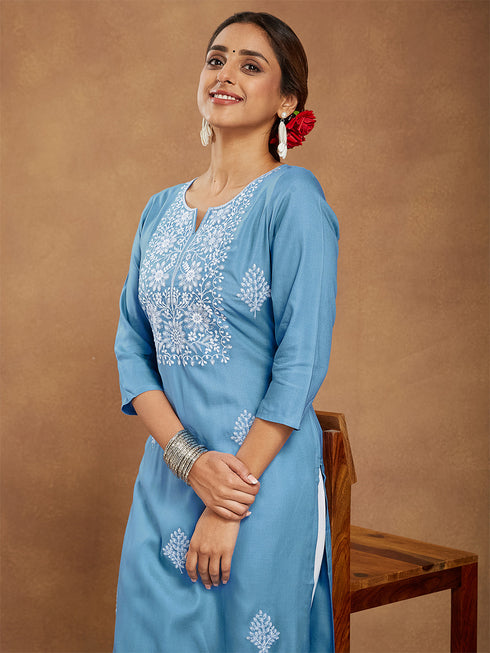 Janasya Women's Sky Blue Rayon Embroidered Straight Kurta