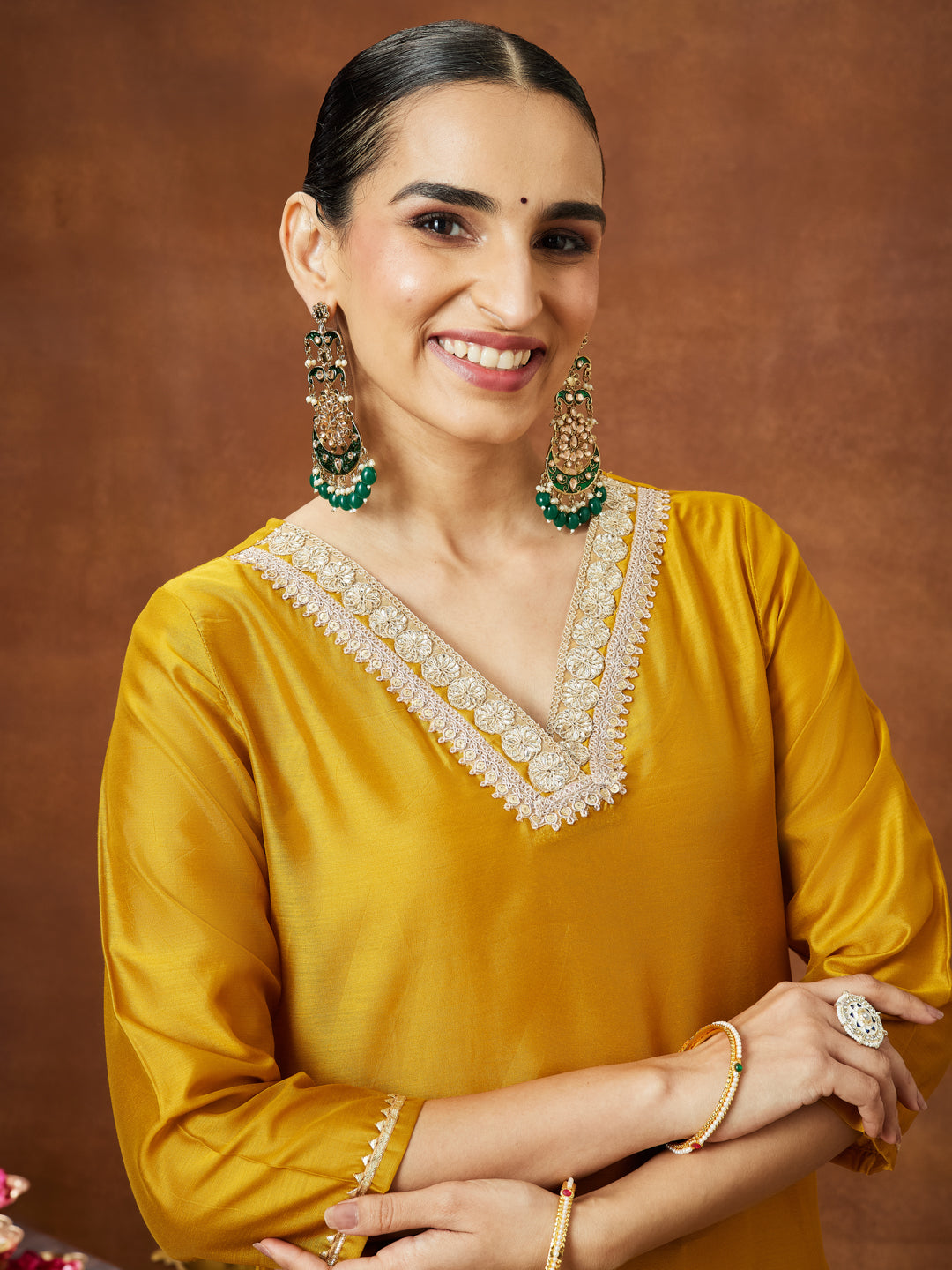 Janasya Women's Mustard Chanderi Silk Embellished Straight Kurta