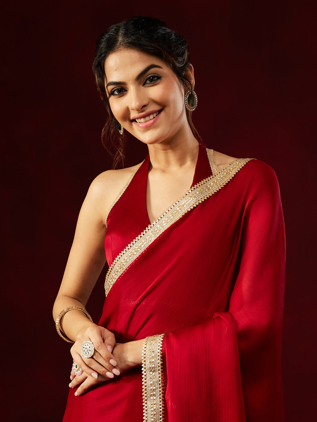 Janasya Women's Red Silk Blend One-Minute Ready-to-Wear Embellished Saree with Unstitched Blouse