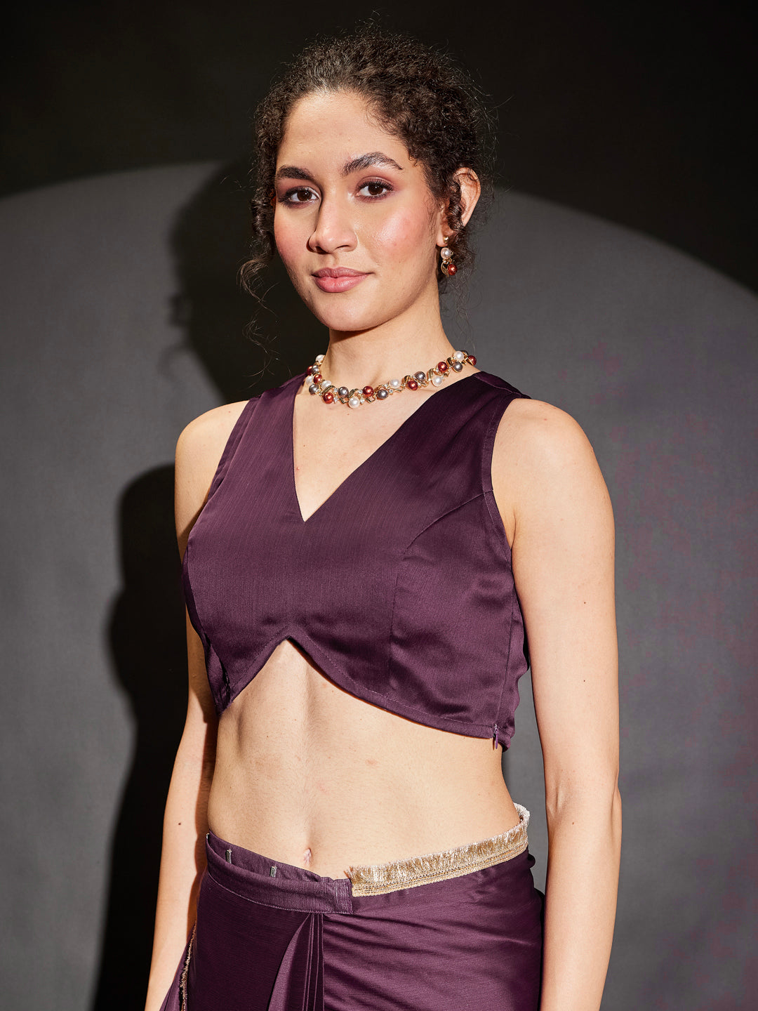 Janasya Women's Wine Silk Blend One-Minute Ready-to-Wear Gold Printed Saree with Unstitched Blouse