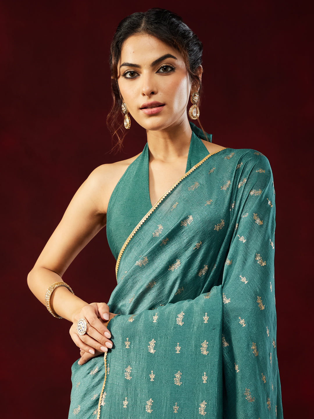Janasya Women's Teal Blue Silk Blend One-Minute Ready-to-Wear Gold Printed Saree with Unstitched Blouse