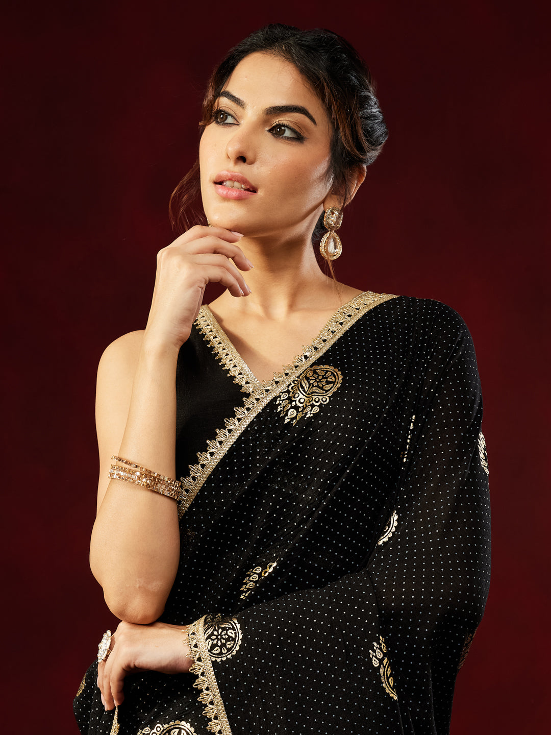 Janasya Women's Black Silk Blend One-Minute Ready-to-Wear Gold Printed Saree with Unstitched Blouse