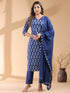 Navy Blue Pure Cotton Ethnic Motifs Printed Straight Kurta Set