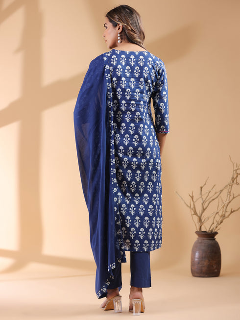 Navy Blue Pure Cotton Ethnic Motifs Printed Straight Kurta Set