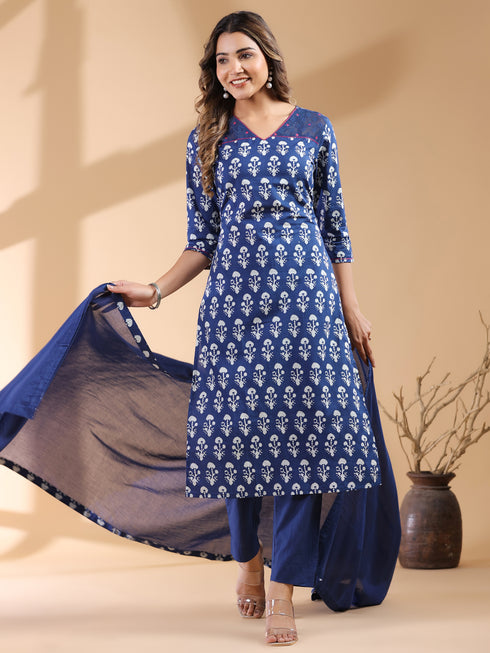 Navy Blue Pure Cotton Ethnic Motifs Printed Straight Kurta Set