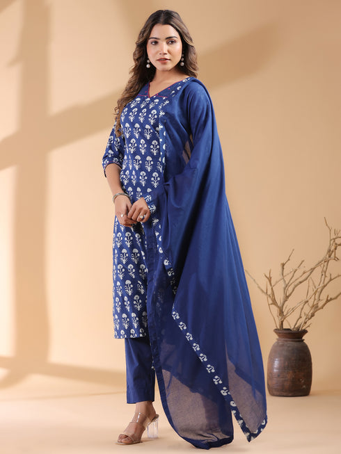 Navy Blue Pure Cotton Ethnic Motifs Printed Straight Kurta Set