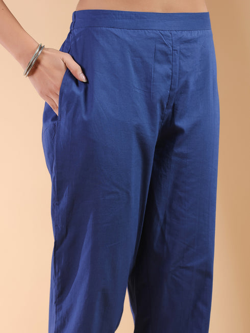 Navy Blue Pure Cotton Ethnic Motifs Printed Straight Kurta Set