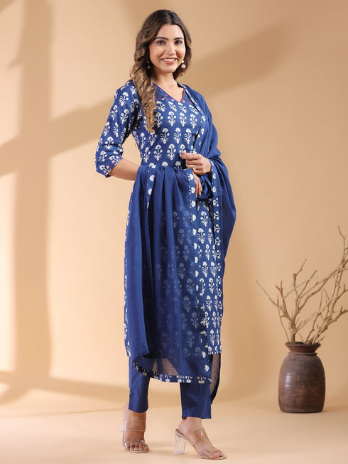 Navy Blue Pure Cotton Ethnic Motifs Printed Straight Kurta Set