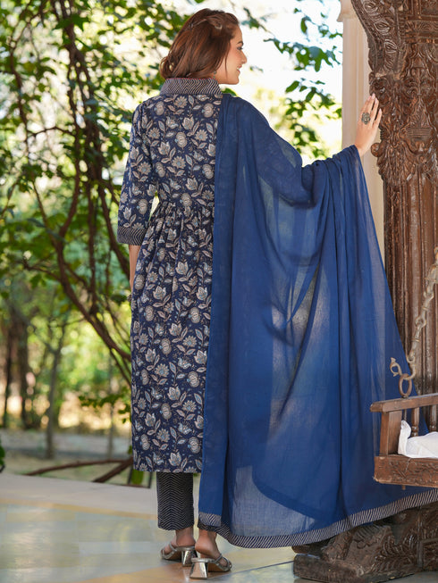 Navy Blue Pure Cotton Floral Printed A-line Kurta Pant With Dupatta Set