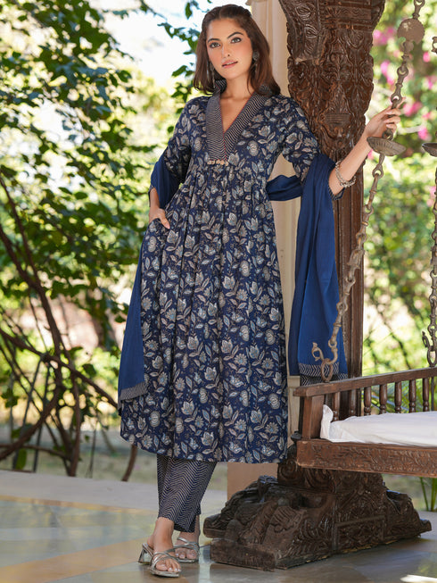 Navy Blue Pure Cotton Floral Printed A-line Kurta Pant With Dupatta Set