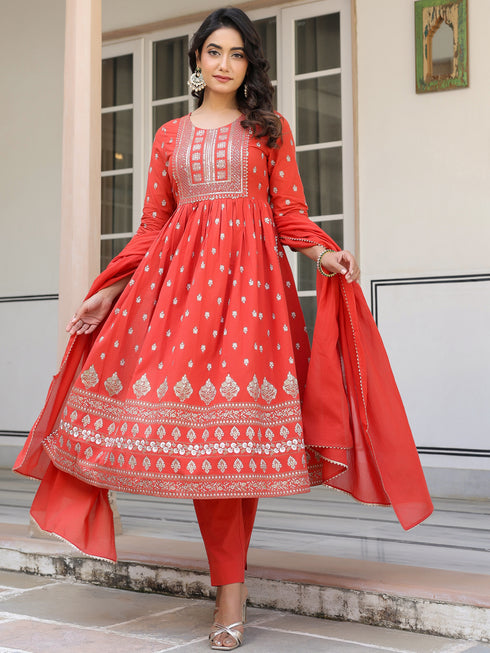 Red Pure Cotton Foil Printed Yoke Design A-line Kurta Pant With Dupatta Set